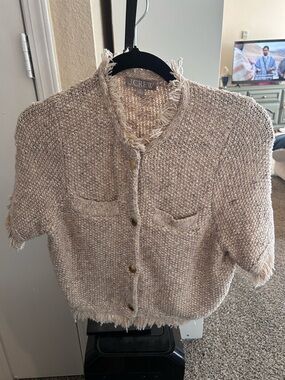 J. Crew Beige Fringed Tweed Short-Sleeve Cardigan
